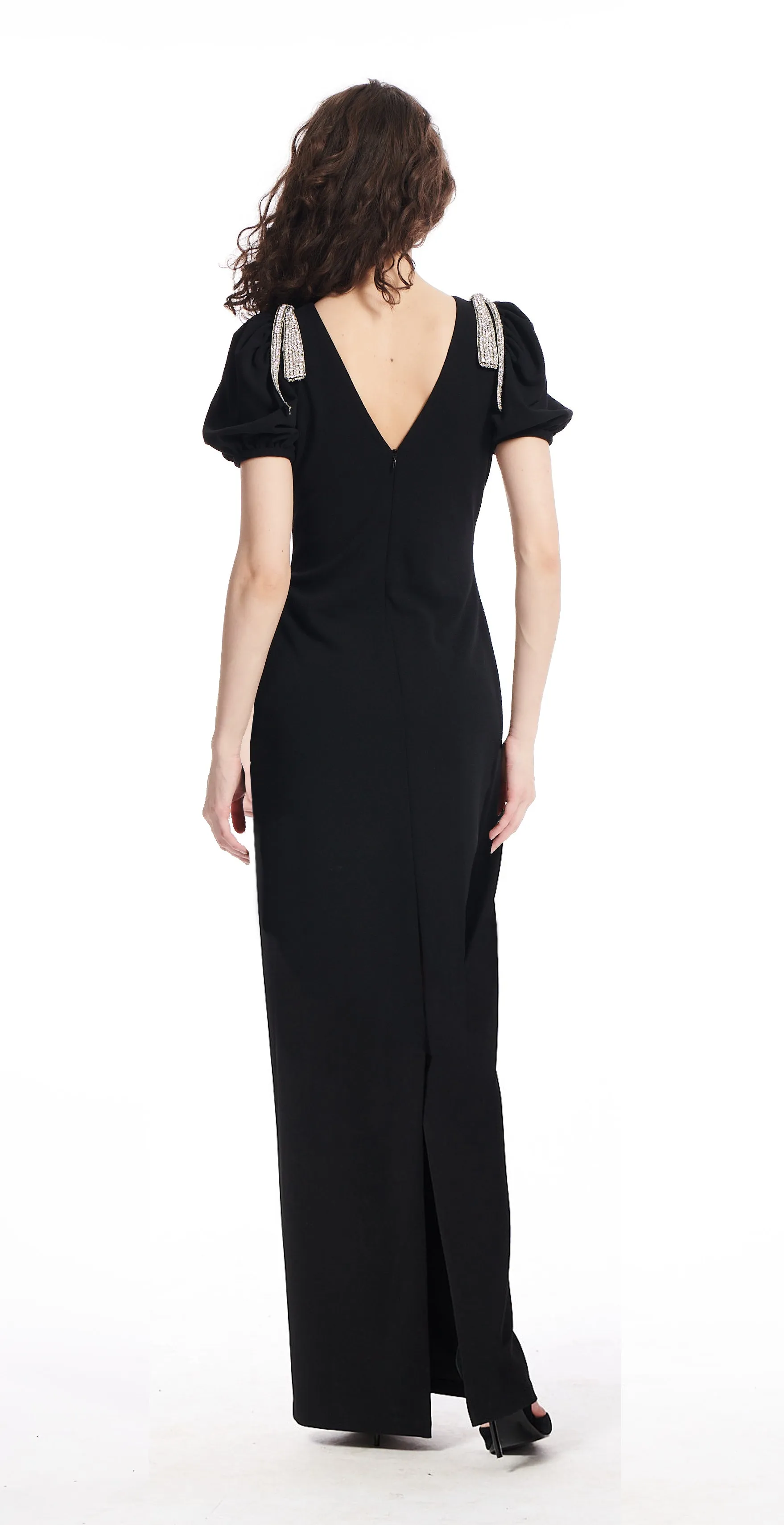 Crystal Bow Shoulder Stretch Crepe Column Gown