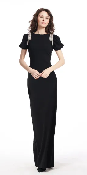 Crystal Bow Shoulder Stretch Crepe Column Gown