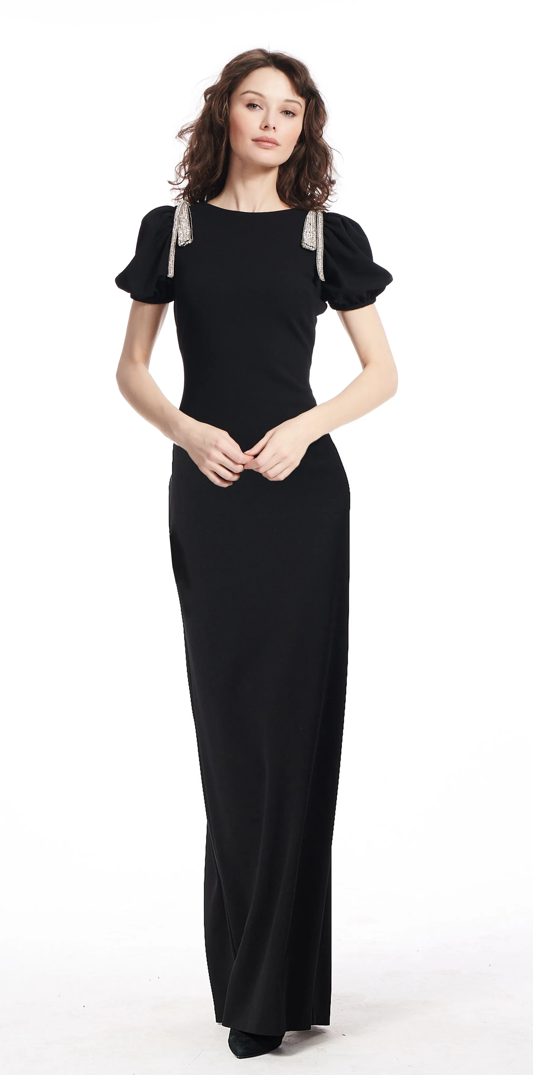 Crystal Bow Shoulder Stretch Crepe Column Gown