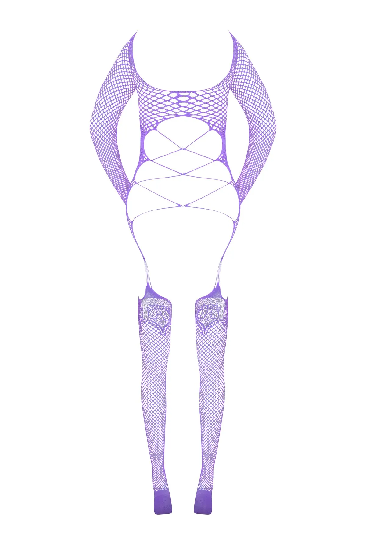 Magic Silk Seamless Fishnet Gartered Catsuit Lavender One Size