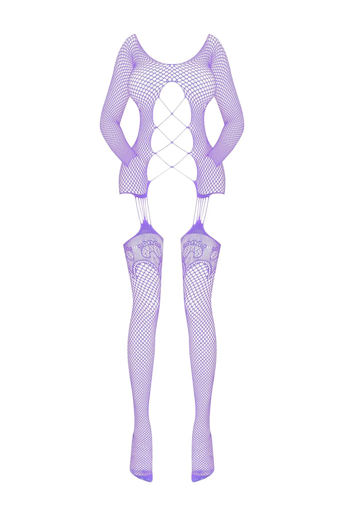 Magic Silk Seamless Fishnet Gartered Catsuit Lavender One Size