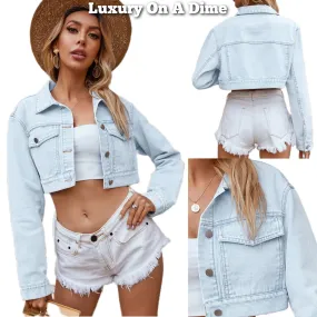 Retro Cropped 90s Acid Bleached Light Denim Collar Button-Up Pocket Jean Jacket