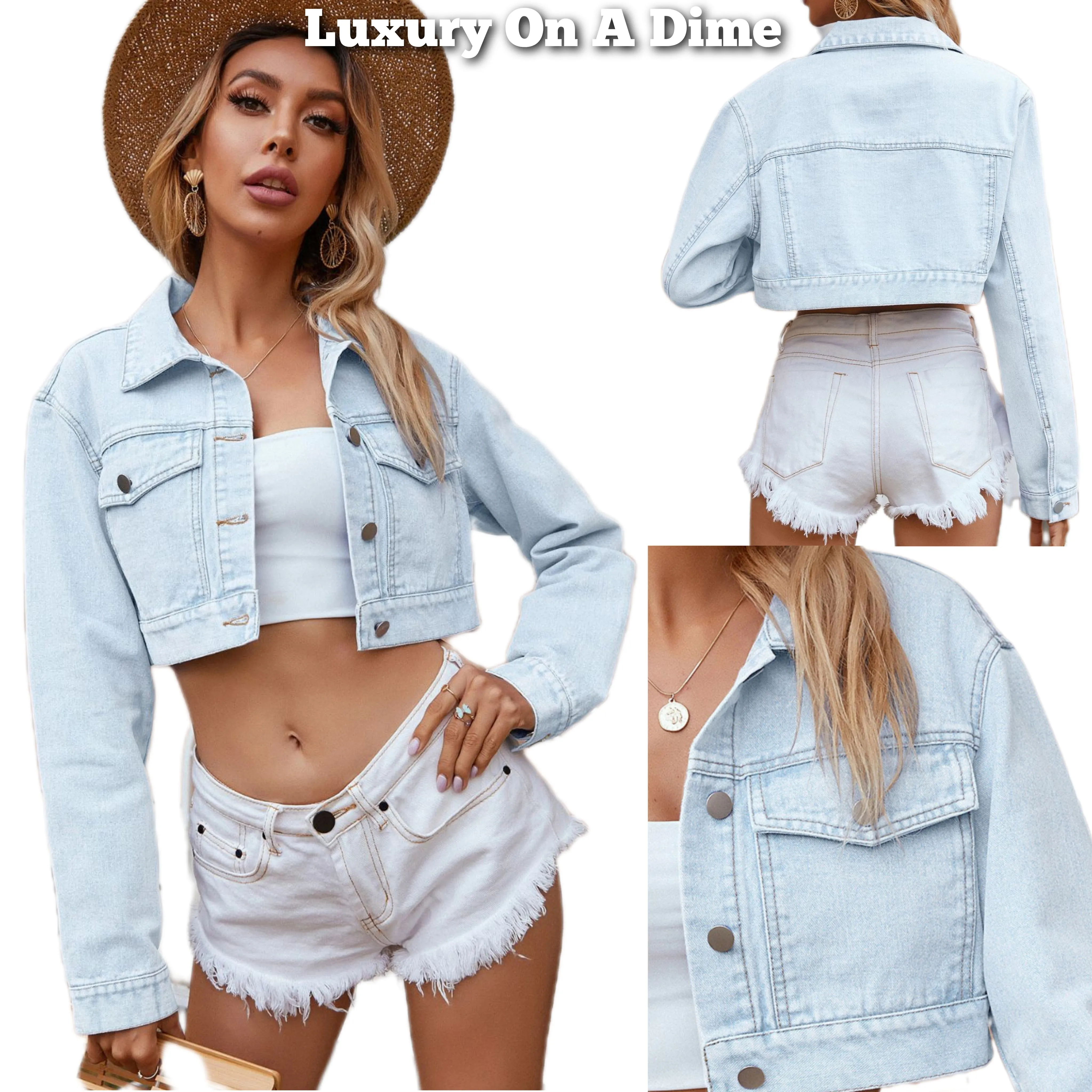 Retro Cropped 90s Acid Bleached Light Denim Collar Button-Up Pocket Jean Jacket